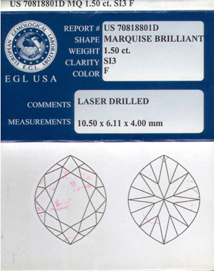 1.50 cts. Marquise Cut Diamond F - SI3 EGL