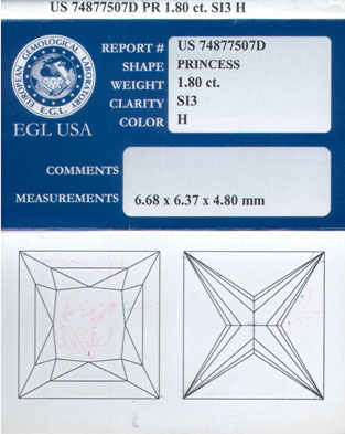 1.80 cts. Princess Cut Diamond H - S13 EGL