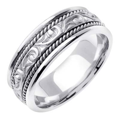 White Gold Paisley Carved Wedding Band 7mm WG-256