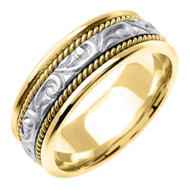 Two Tone Gold Paisley Carved Wedding Band 7mm TT-256B