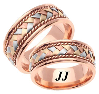 Tri Color Gold Hand Braided Wedding Band Set 8mm TC-159S