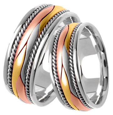 Tri Color Gold Hand Braided Wedding Band Set 8mm TC-360AS
