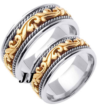 Two Tone Gold Paisley Wedding Band Set 8mm & 9mm TT-259BS