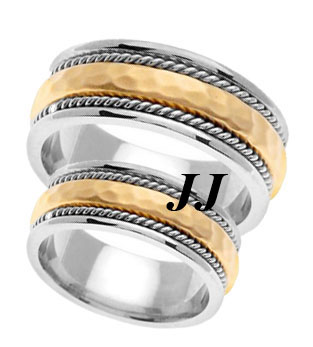 Two Tone Gold Hammered Wedding Band Set 8.5mm TT-569AS