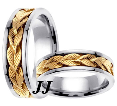 Two Tone Gold Leaf Wedding Band Set 7mm TT-653AS - Click Image to Close
