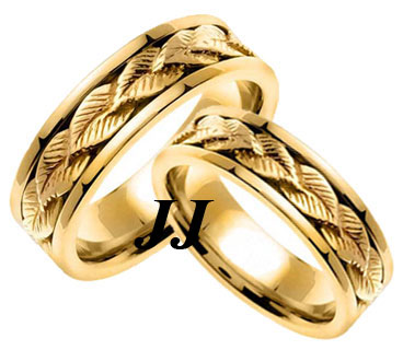 Yellow Gold Leaf Wedding Band Set 7mm YG-653S - Click Image to Close